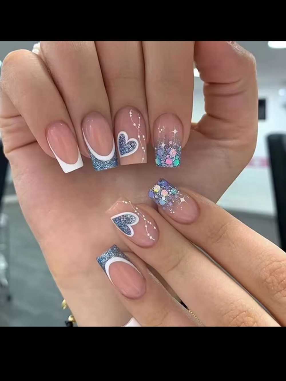 Blue Glitter Heart French Tip Acrylic Nails